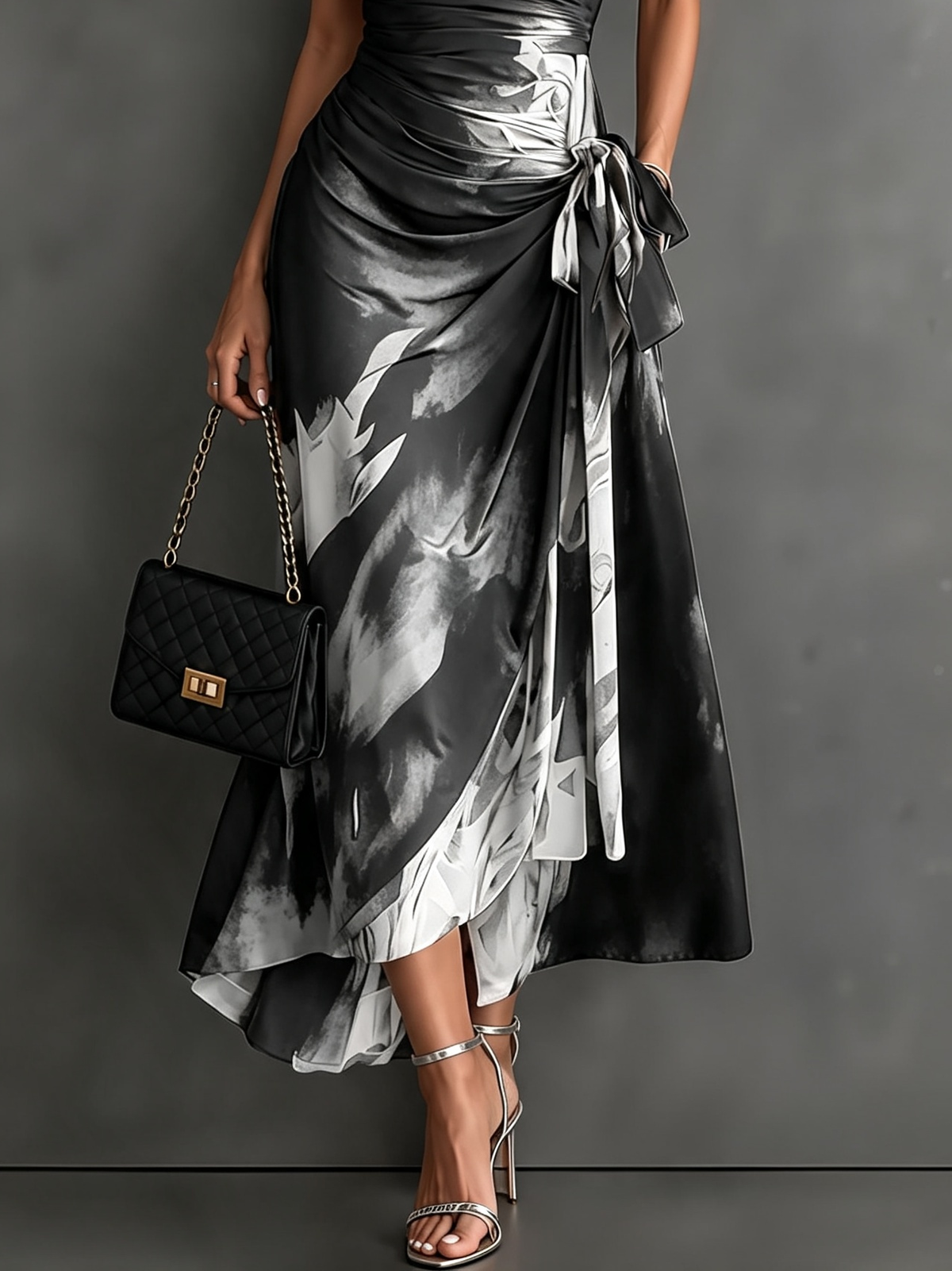 Red and Black Abstract Print Midi Dress with Collared V-Neck, Short Sleeves, Tie Waist, and Ruffled High-Low Hem