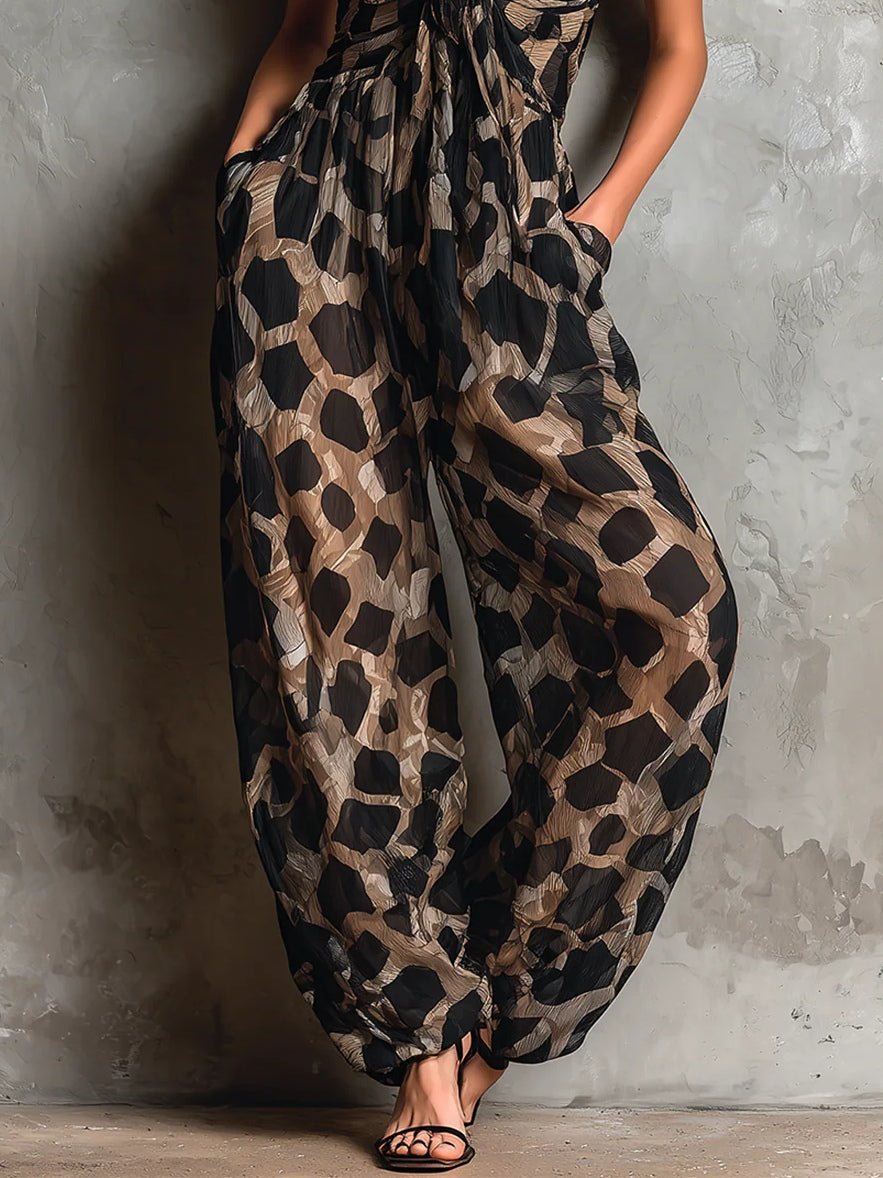 Loose-Fitting Black Animal Print Halter Neck Chiffon Wide-Leg Jumpsuit