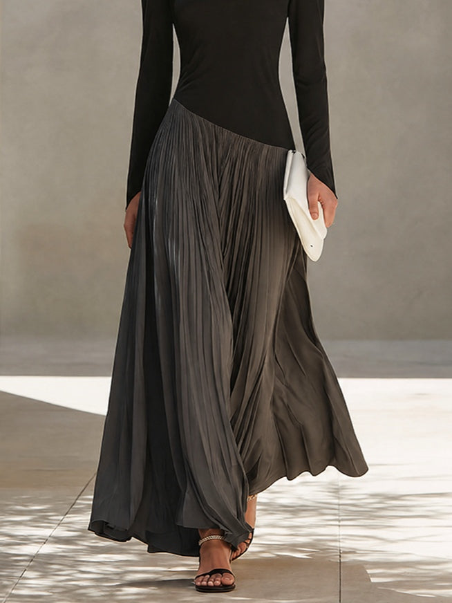 Two-Tone Black and Gray Pleated Maxi Dress with Draped Neckline