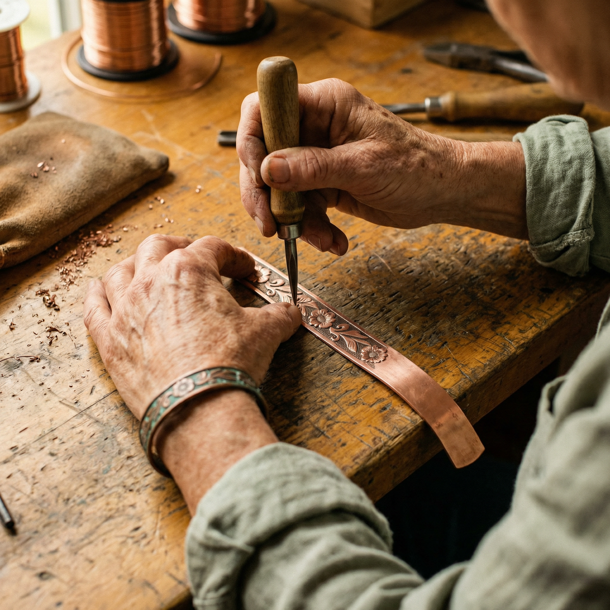 Violet | Engraved Floral Magnetic Copper Cuff