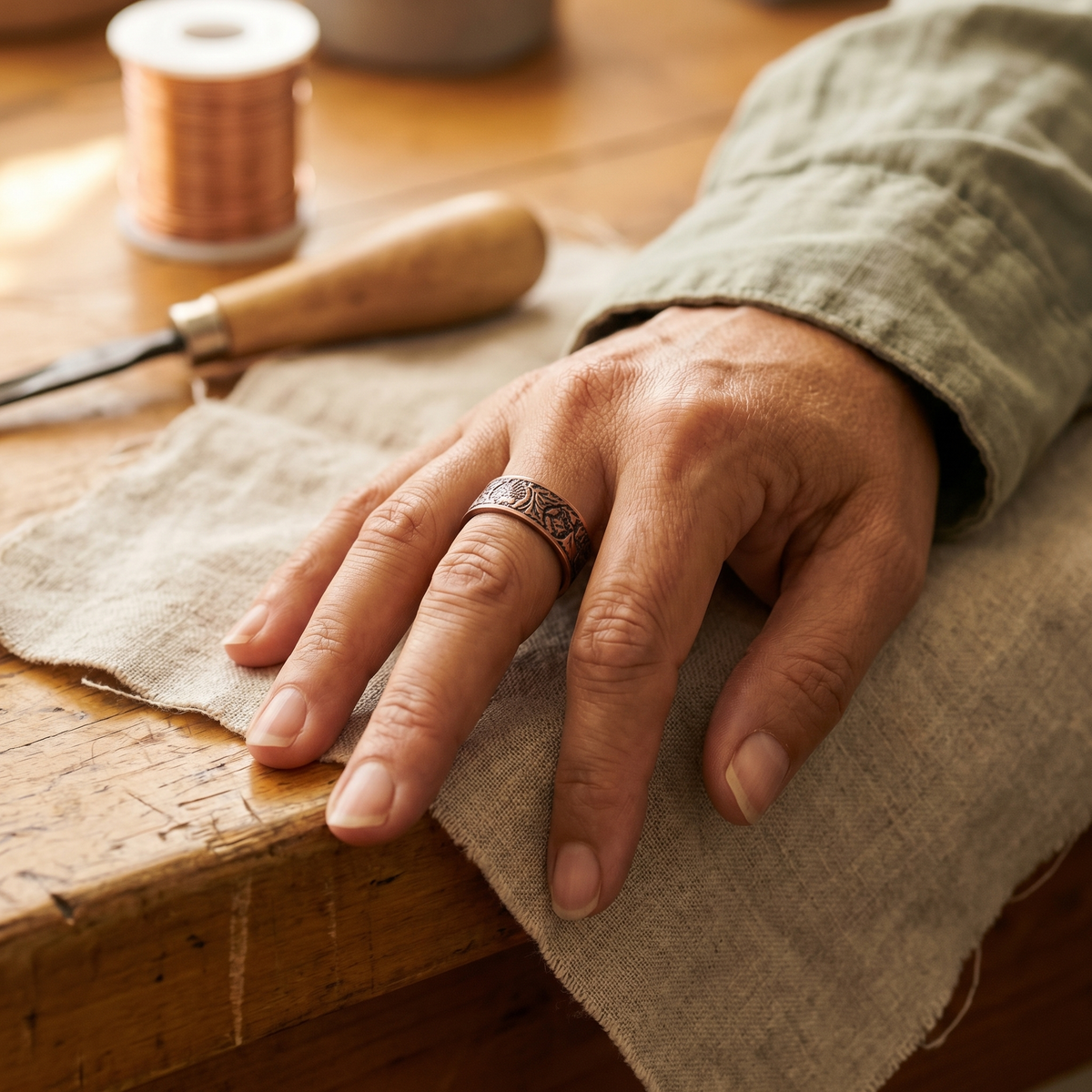Phoebe | Open Copper Ring with Green Inlay