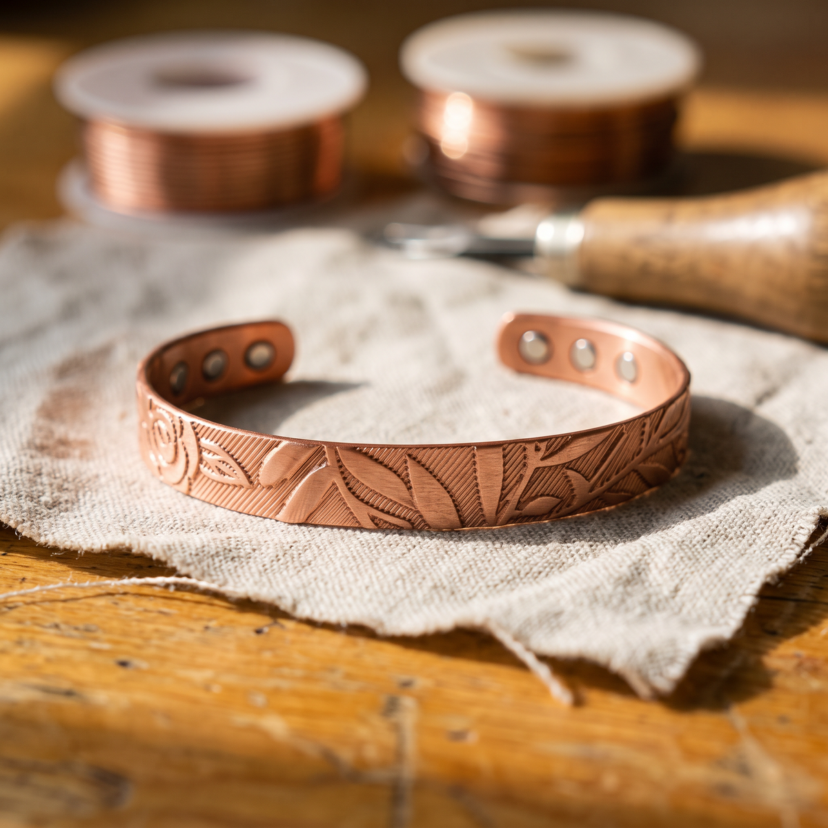 Willa | Engraved Botanical Copper Cuff with Magnetic Clasp