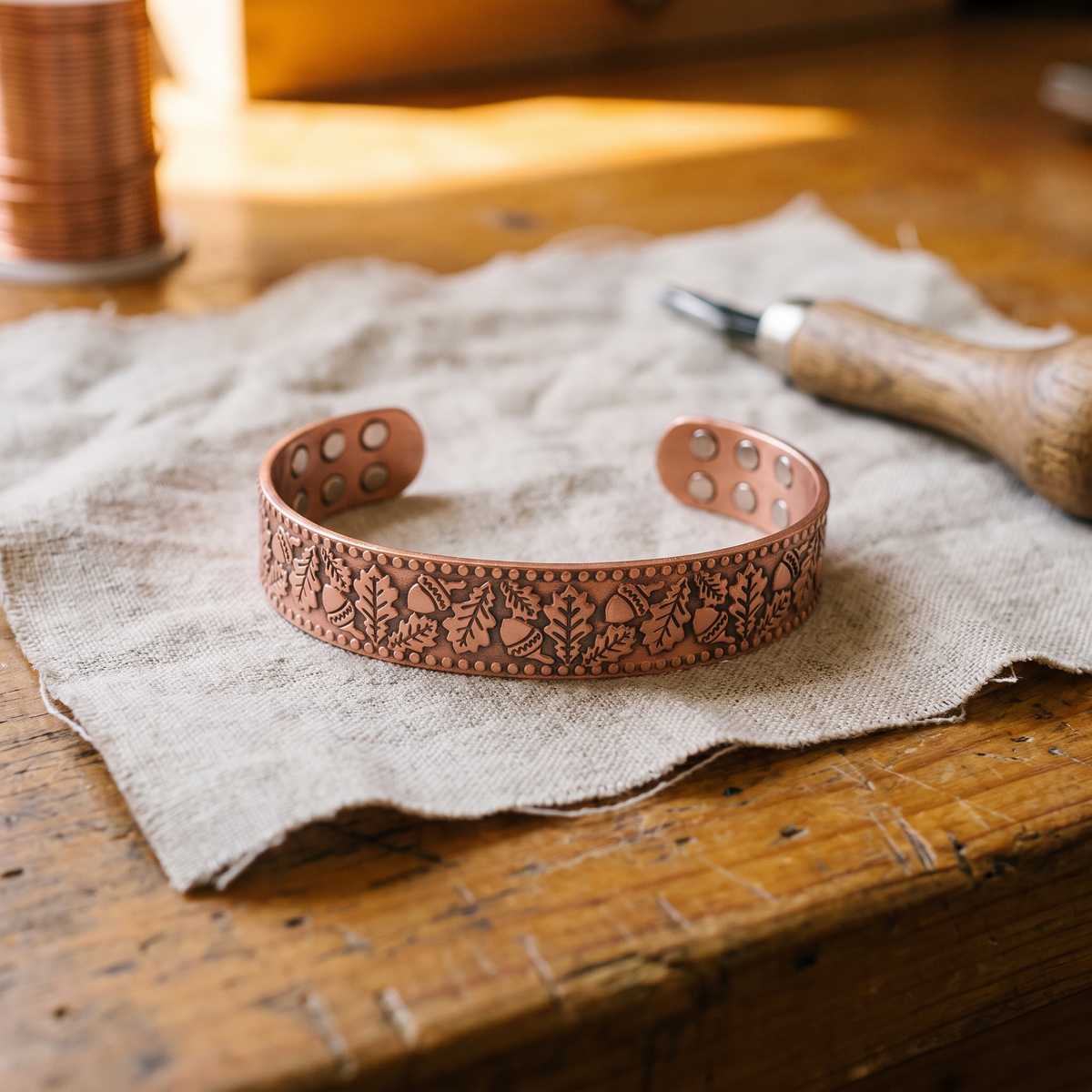 Autumn | Leaf & Acorn Embossed Copper Cuff