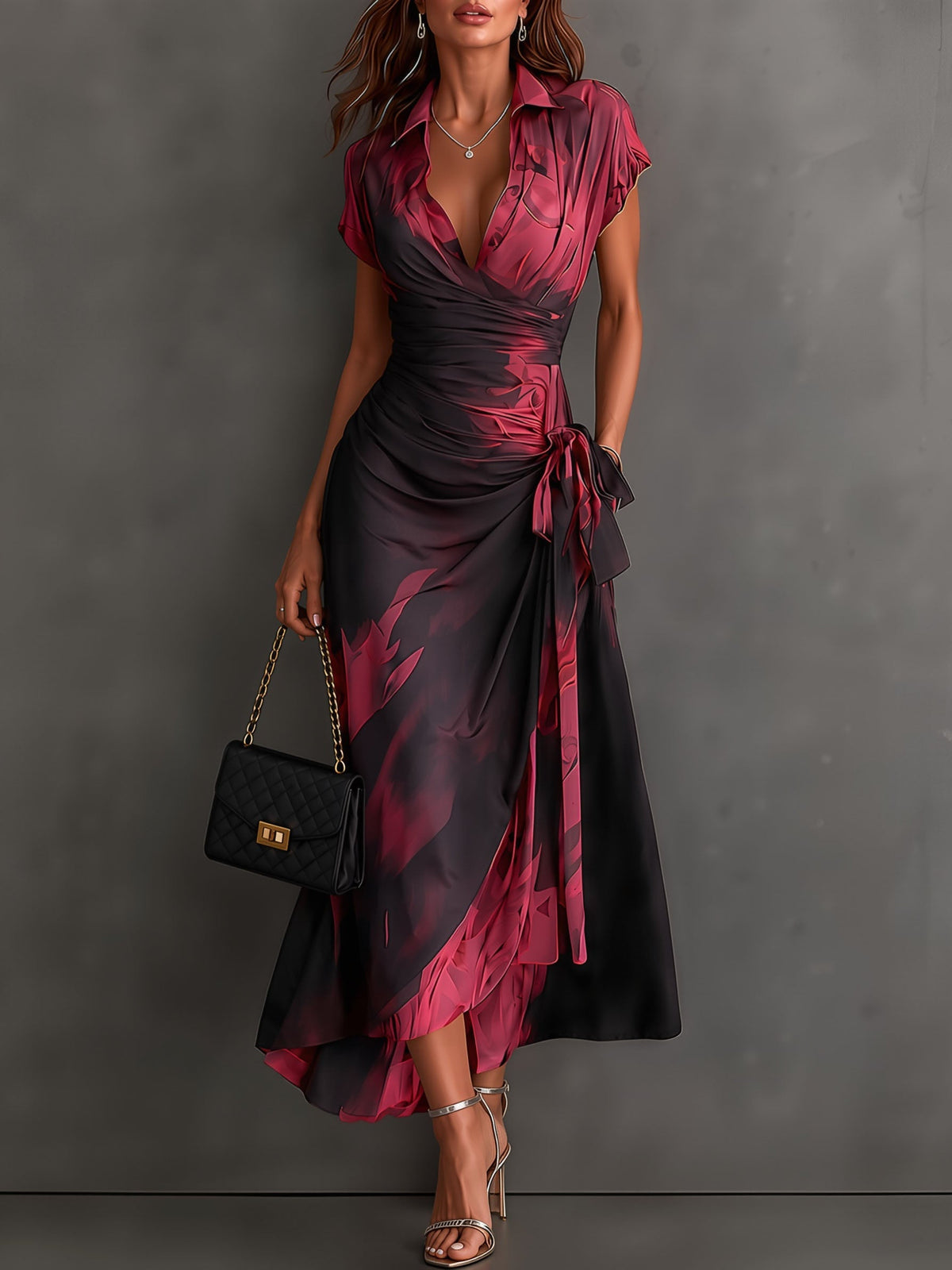 Red and Black Abstract Print Midi Dress with Collared V-Neck, Short Sleeves, Tie Waist, and Ruffled High-Low Hem