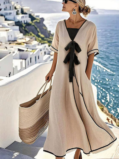 Victoria™ | Contrast Bow Maxi Dress for Timeless Coastal Elegance