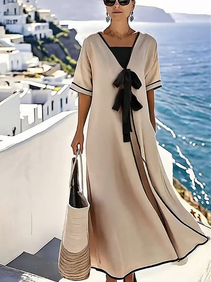 Victoria™ | Contrast Bow Maxi Dress for Timeless Coastal Elegance