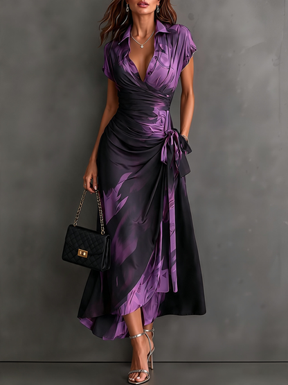 Red and Black Abstract Print Midi Dress with Collared V-Neck, Short Sleeves, Tie Waist, and Ruffled High-Low Hem