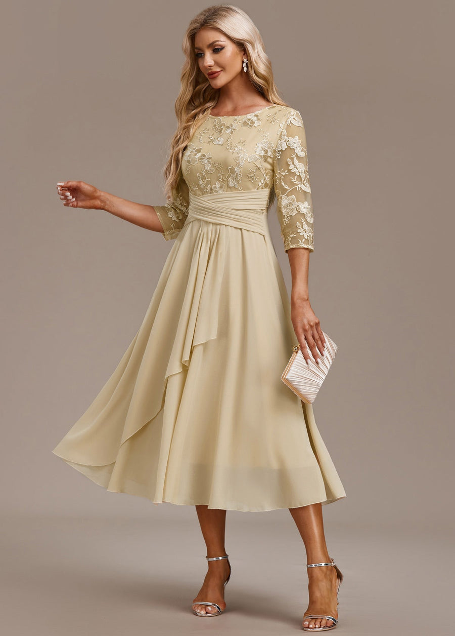 Raelyn™ | Champagne Embroidered 3/4 Sleeve Dress