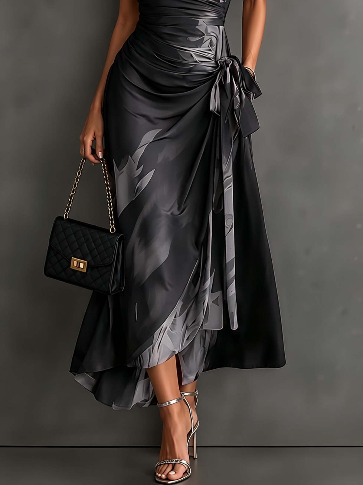 Red and Black Abstract Print Midi Dress with Collared V-Neck, Short Sleeves, Tie Waist, and Ruffled High-Low Hem