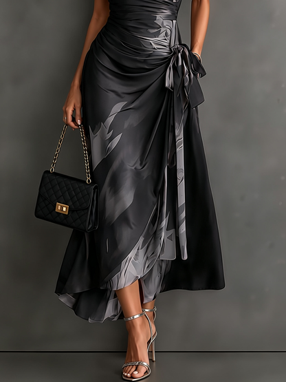 Red and Black Abstract Print Midi Dress with Collared V-Neck, Short Sleeves, Tie Waist, and Ruffled High-Low Hem