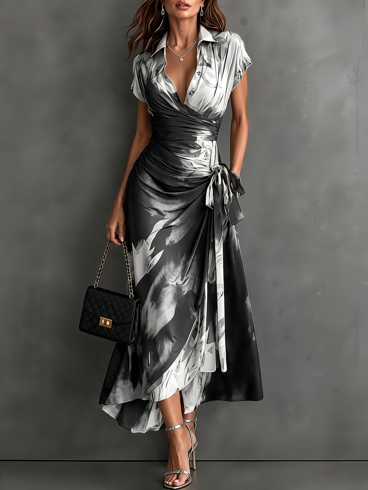 Red and Black Abstract Print Midi Dress with Collared V-Neck, Short Sleeves, Tie Waist, and Ruffled High-Low Hem