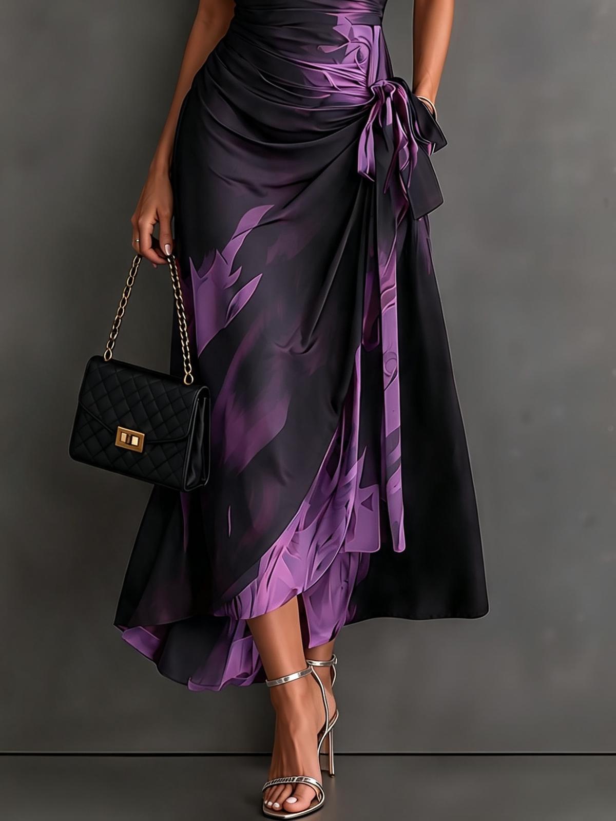 Red and Black Abstract Print Midi Dress with Collared V-Neck, Short Sleeves, Tie Waist, and Ruffled High-Low Hem