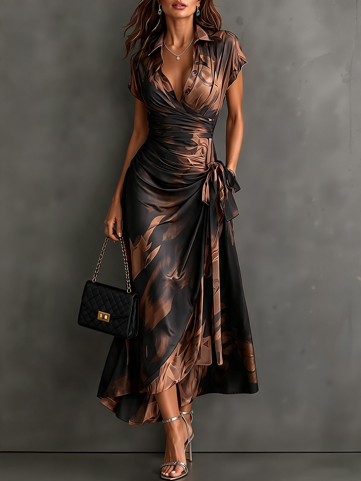 Red and Black Abstract Print Midi Dress with Collared V-Neck, Short Sleeves, Tie Waist, and Ruffled High-Low Hem