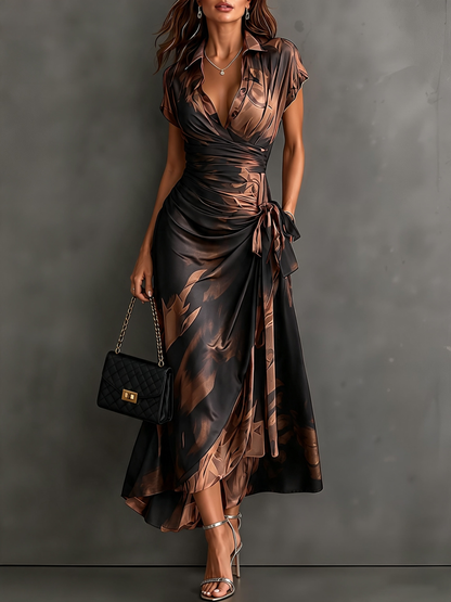 Red and Black Abstract Print Midi Dress with Collared V-Neck, Short Sleeves, Tie Waist, and Ruffled High-Low Hem