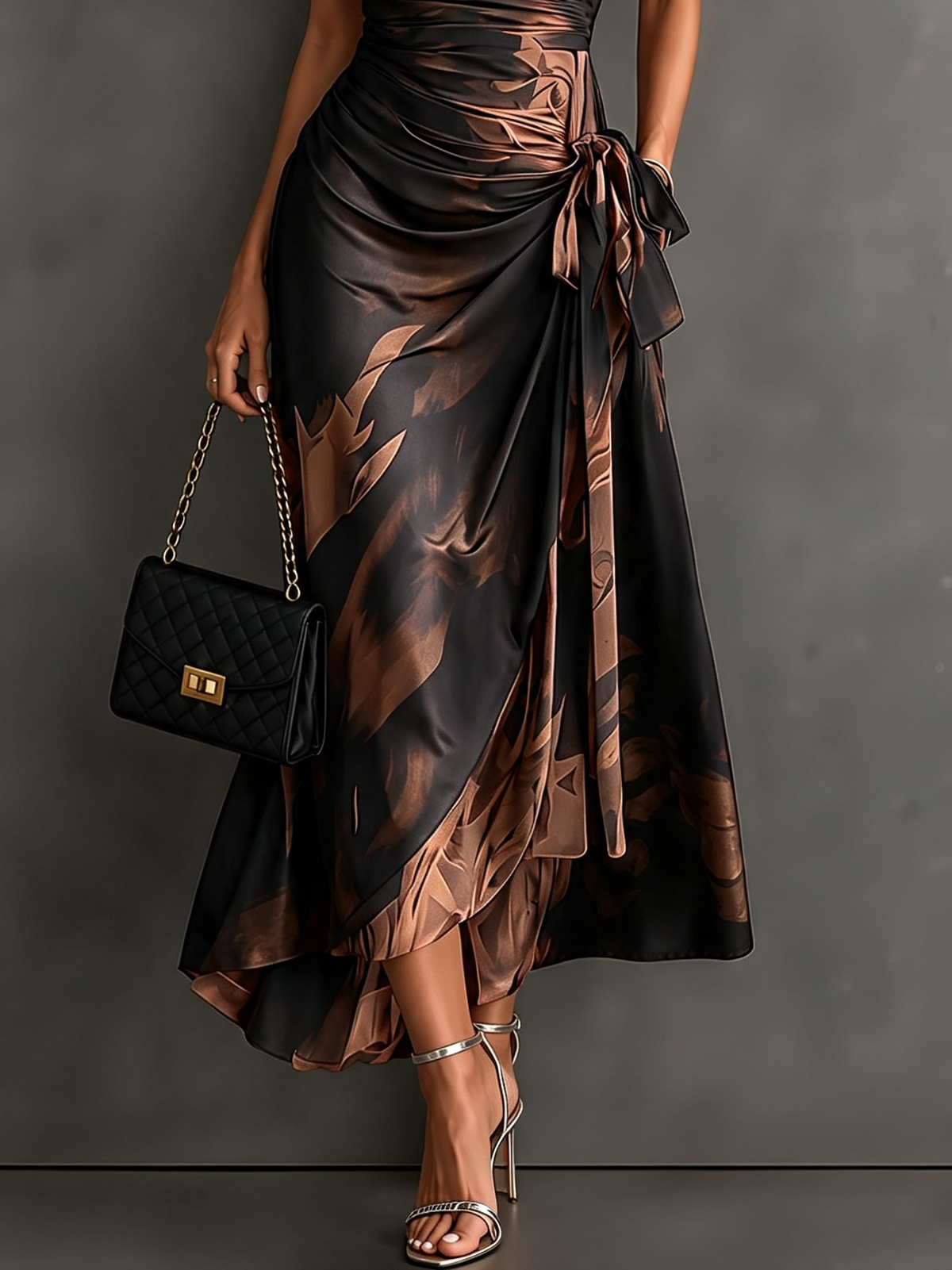 Red and Black Abstract Print Midi Dress with Collared V-Neck, Short Sleeves, Tie Waist, and Ruffled High-Low Hem