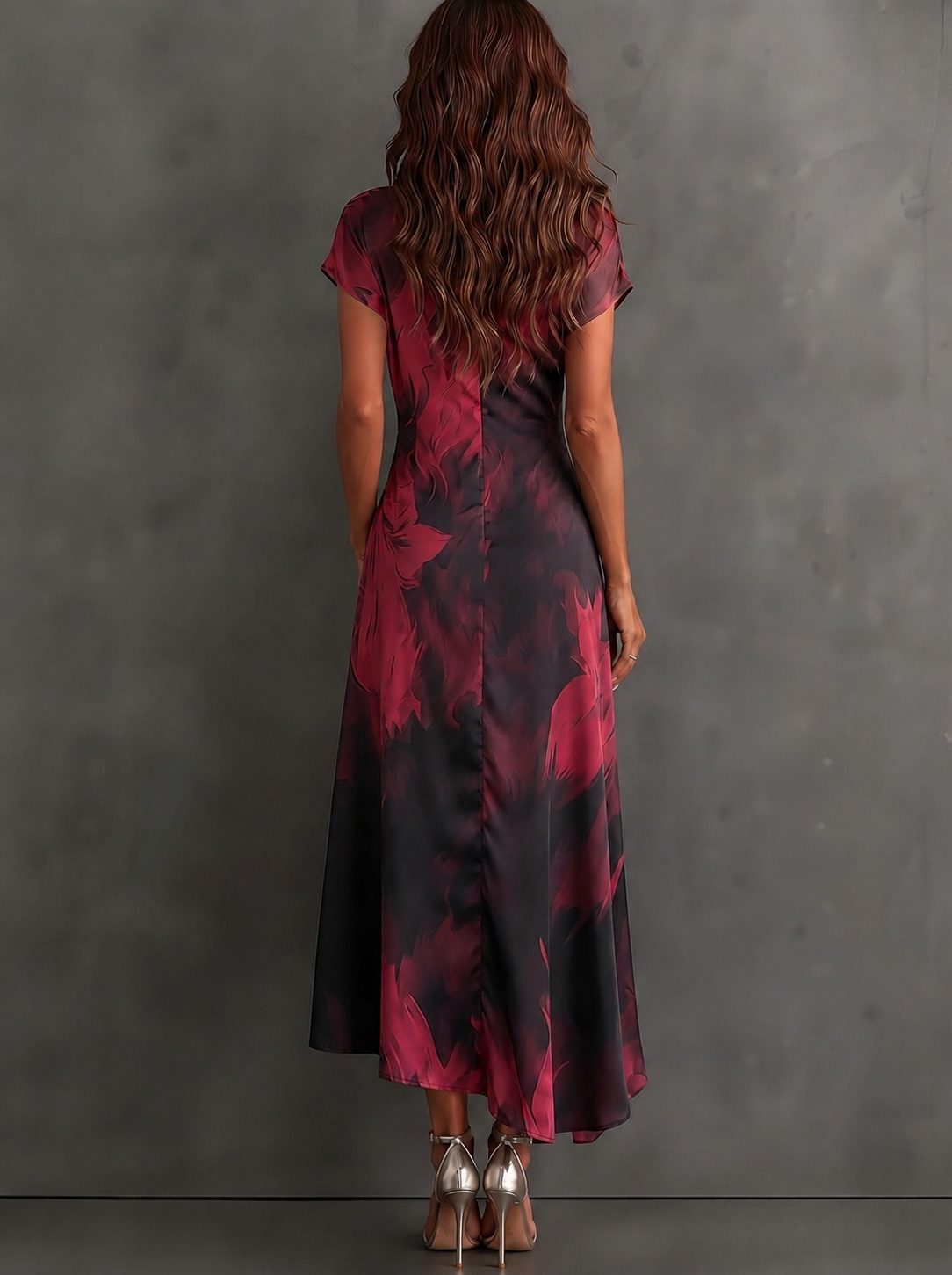 Red and Black Abstract Print Midi Dress with Collared V-Neck, Short Sleeves, Tie Waist, and Ruffled High-Low Hem