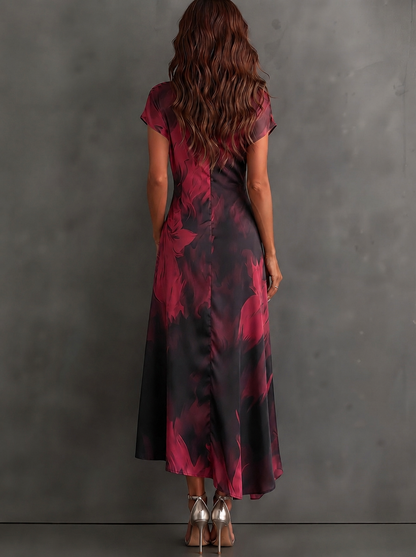 Red and Black Abstract Print Midi Dress with Collared V-Neck, Short Sleeves, Tie Waist, and Ruffled High-Low Hem