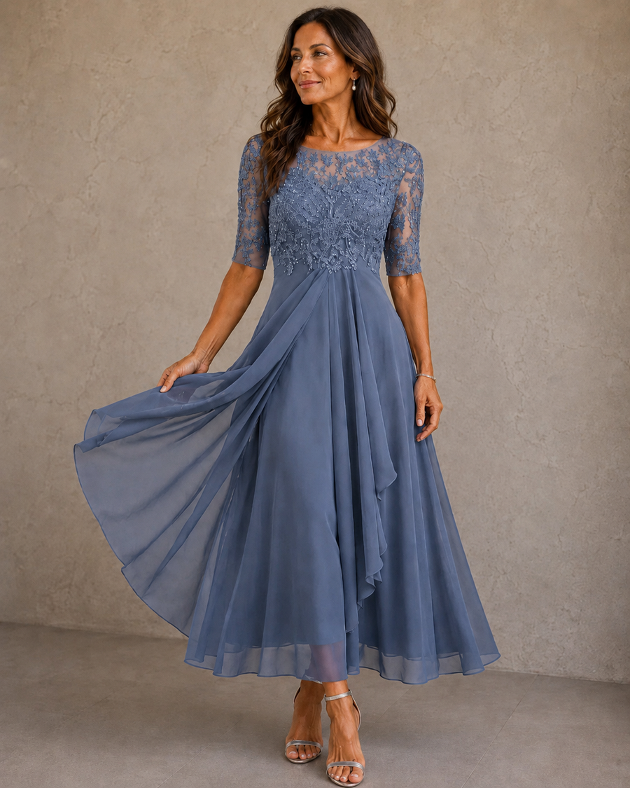 Victoria | Elegant Lace & Chiffon Midi Dress