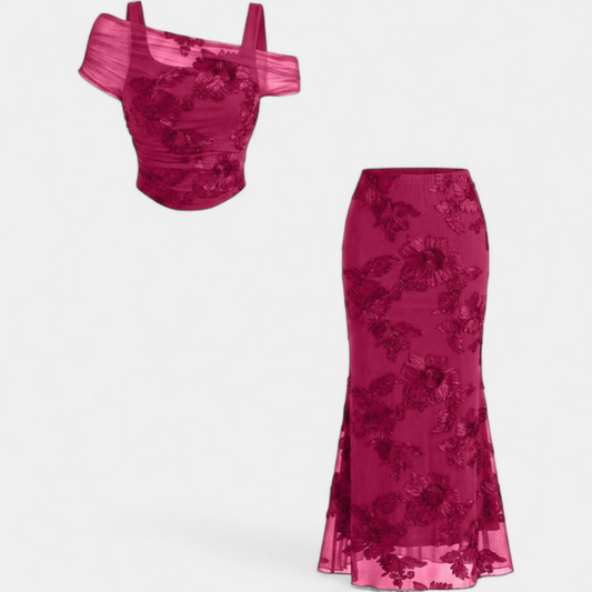 Selena | Mesh Embroidered Off Shoulder Mermaid Maxi Dress Set