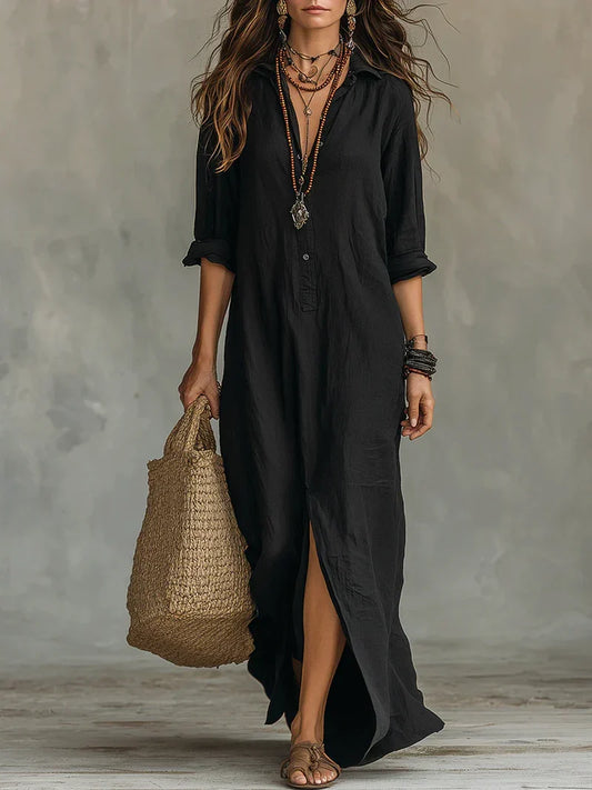 Céline™ | Elegant Black Maxi Dress Featuring Button Details