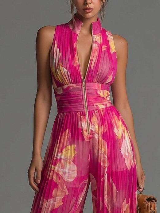 Isadora | Fuchsia Floral Pleated Chiffon Jumpsuit