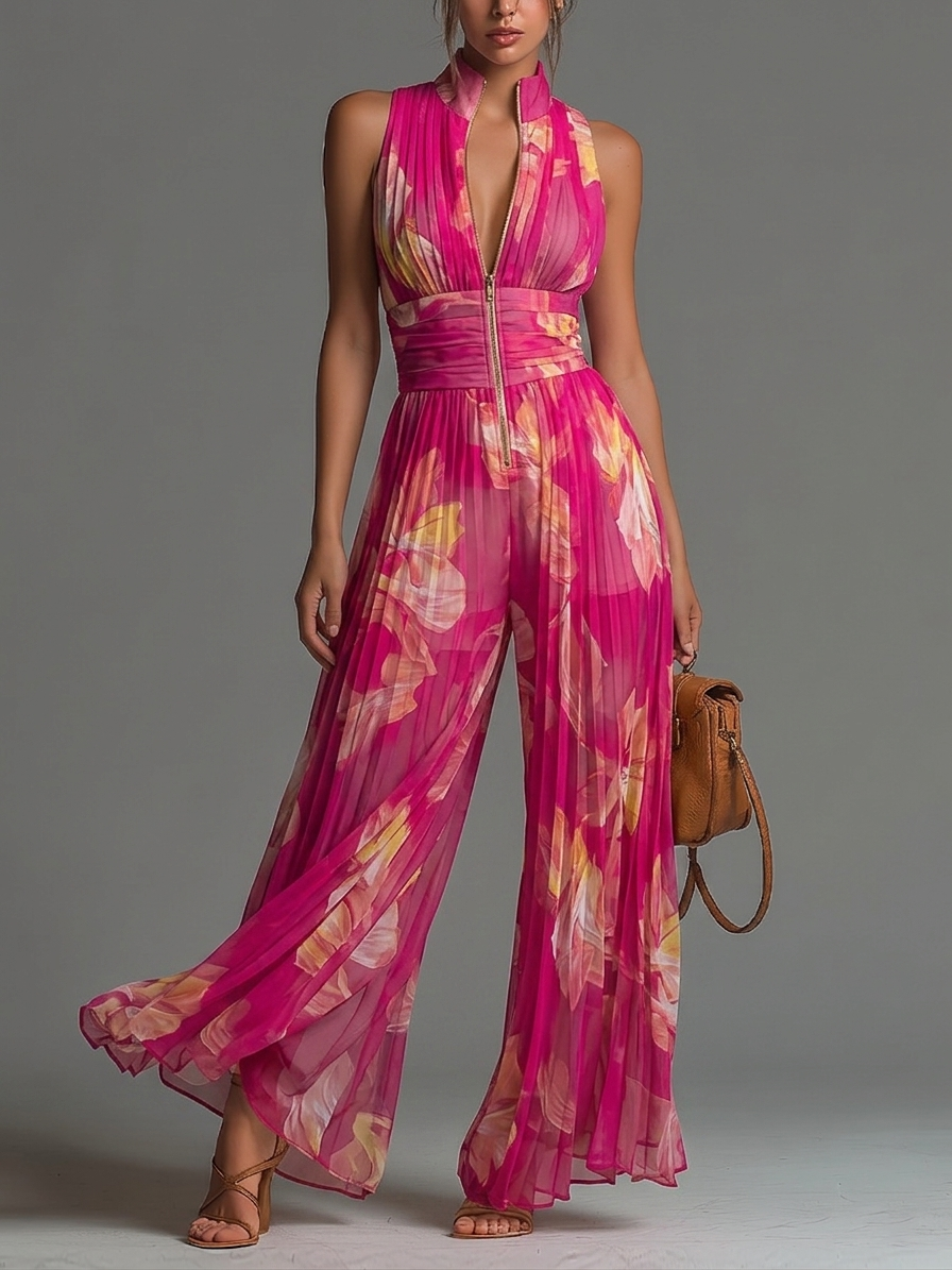 Isadora | Fuchsia Floral Pleated Chiffon Jumpsuit