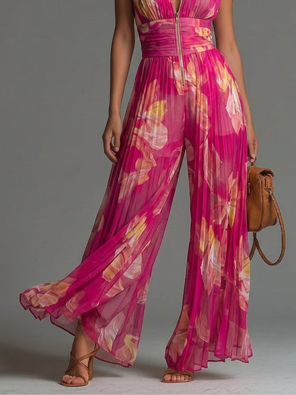 Isadora | Fuchsia Floral Pleated Chiffon Jumpsuit