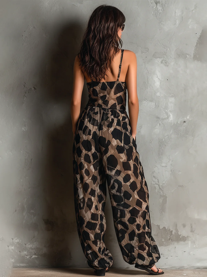 Loose-Fitting Black Animal Print Halter Neck Chiffon Wide-Leg Jumpsuit