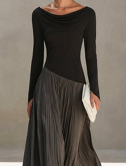 Two-Tone Black and Gray Pleated Maxi Dress with Draped Neckline