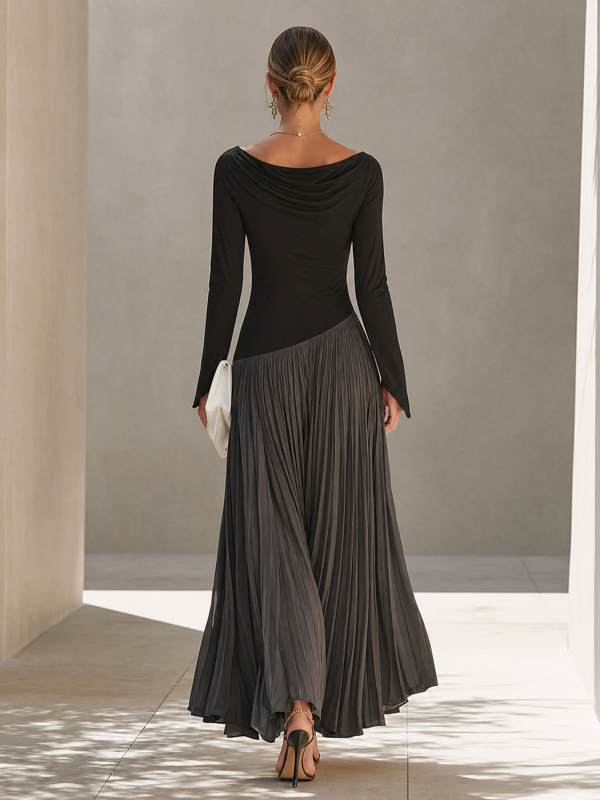 Two-Tone Black and Gray Pleated Maxi Dress with Draped Neckline