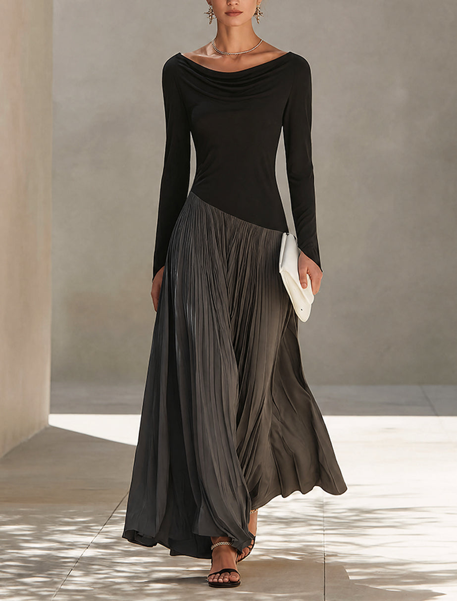 Two-Tone Black and Gray Pleated Maxi Dress with Draped Neckline