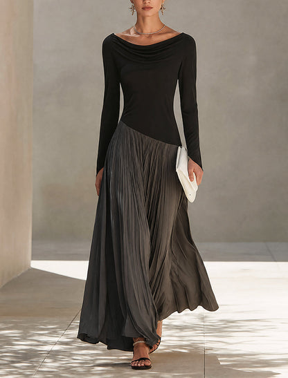 Two-Tone Black and Gray Pleated Maxi Dress with Draped Neckline