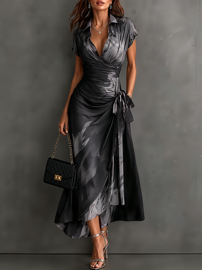 Red and Black Abstract Print Midi Dress with Collared V-Neck, Short Sleeves, Tie Waist, and Ruffled High-Low Hem