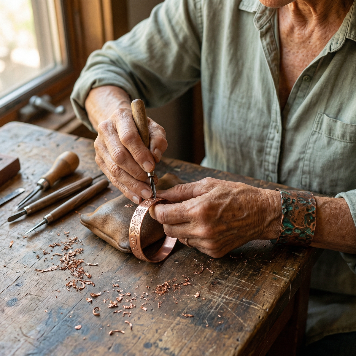 Rosalie | Engraved Flower Copper Cuff