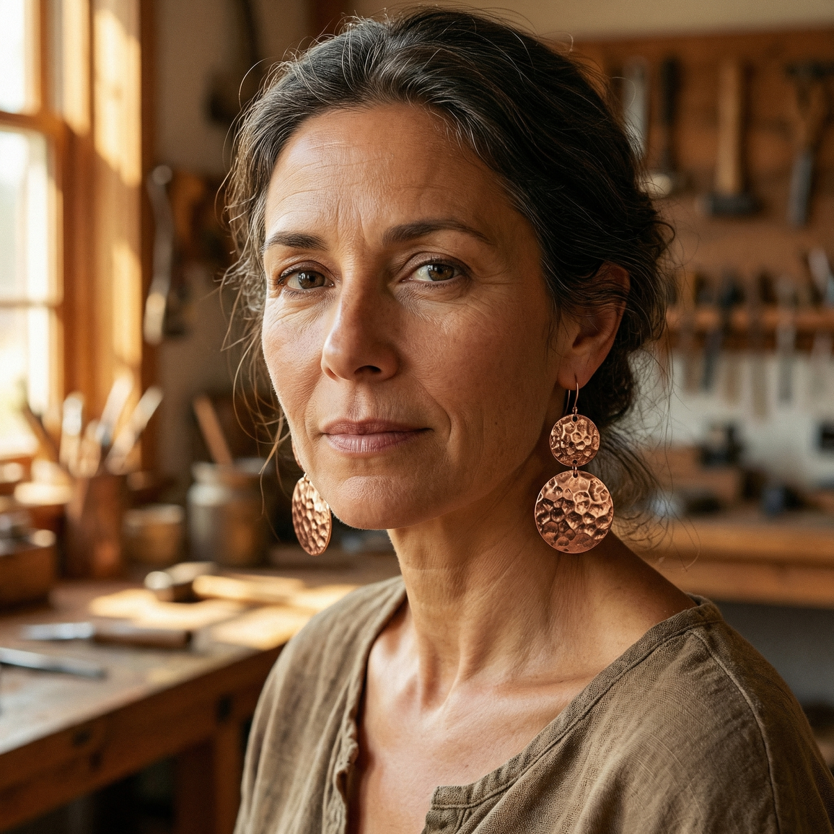 Daphne | Hammered Disc Copper Earrings