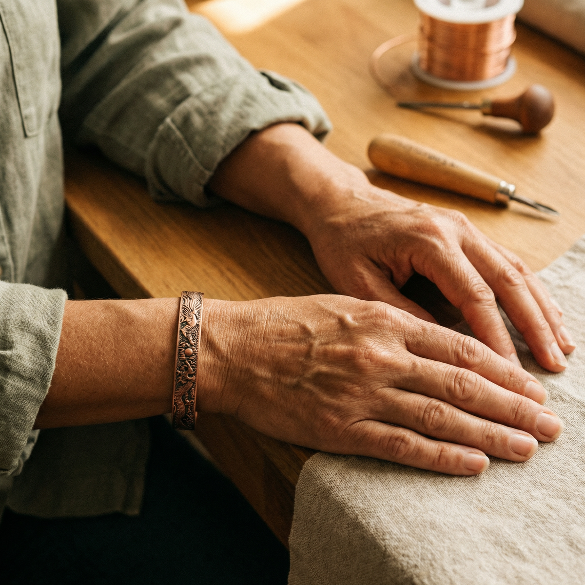 Lin | Dragon Embossed Magnetic Copper Cuff