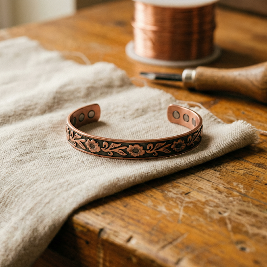 Violet | Engraved Floral Magnetic Copper Cuff