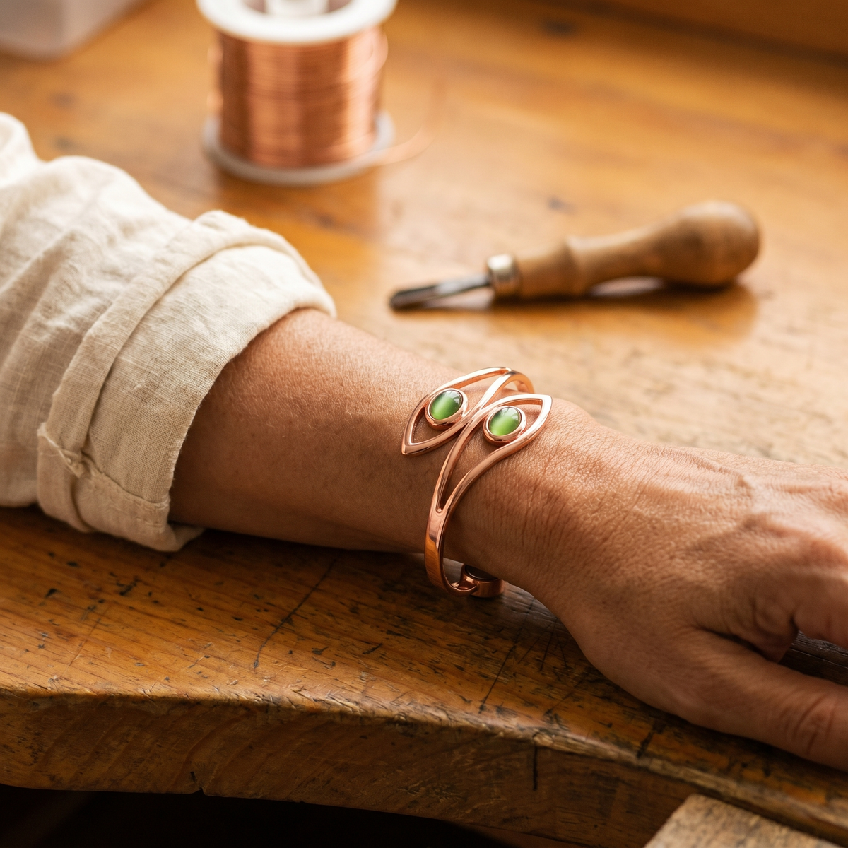 Olive | Green Stone Wire Copper Cuff