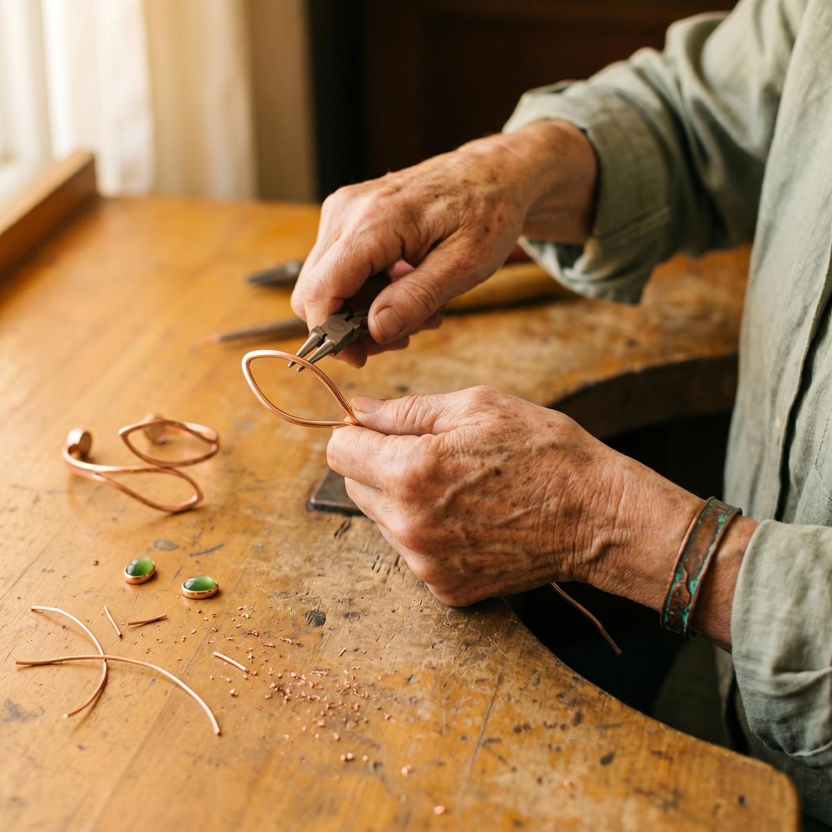 Olive | Green Stone Wire Copper Cuff