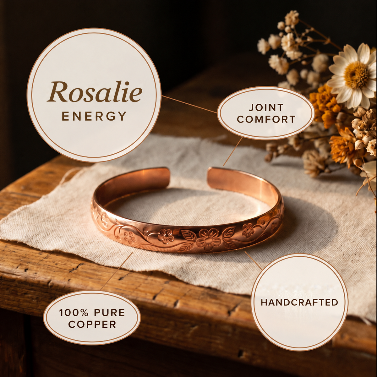 Rosalie | Engraved Flower Copper Cuff