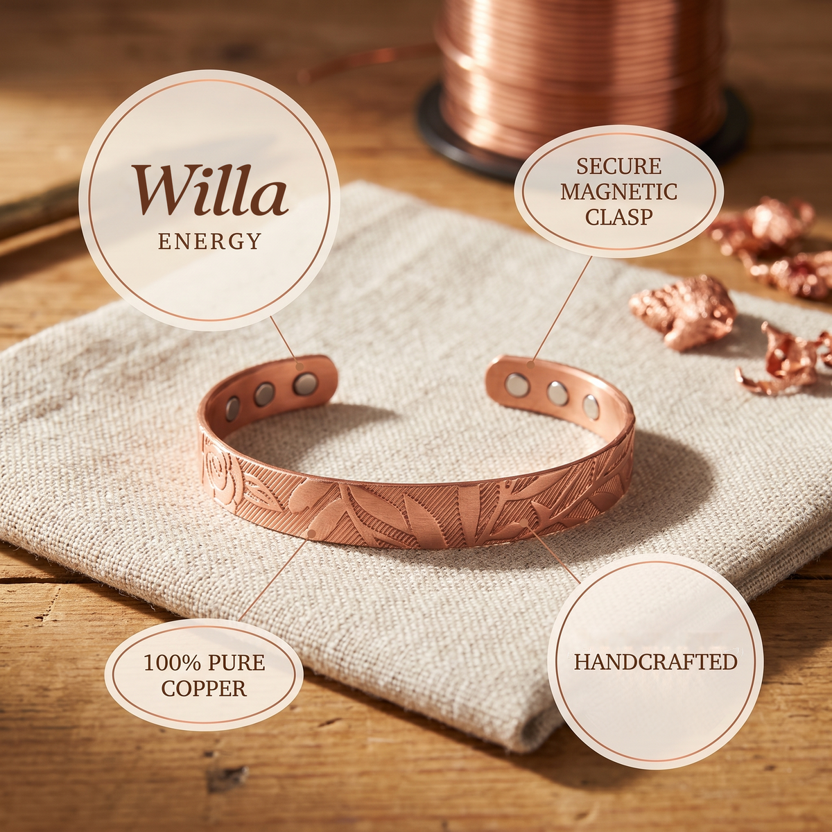 Willa | Engraved Botanical Copper Cuff with Magnetic Clasp