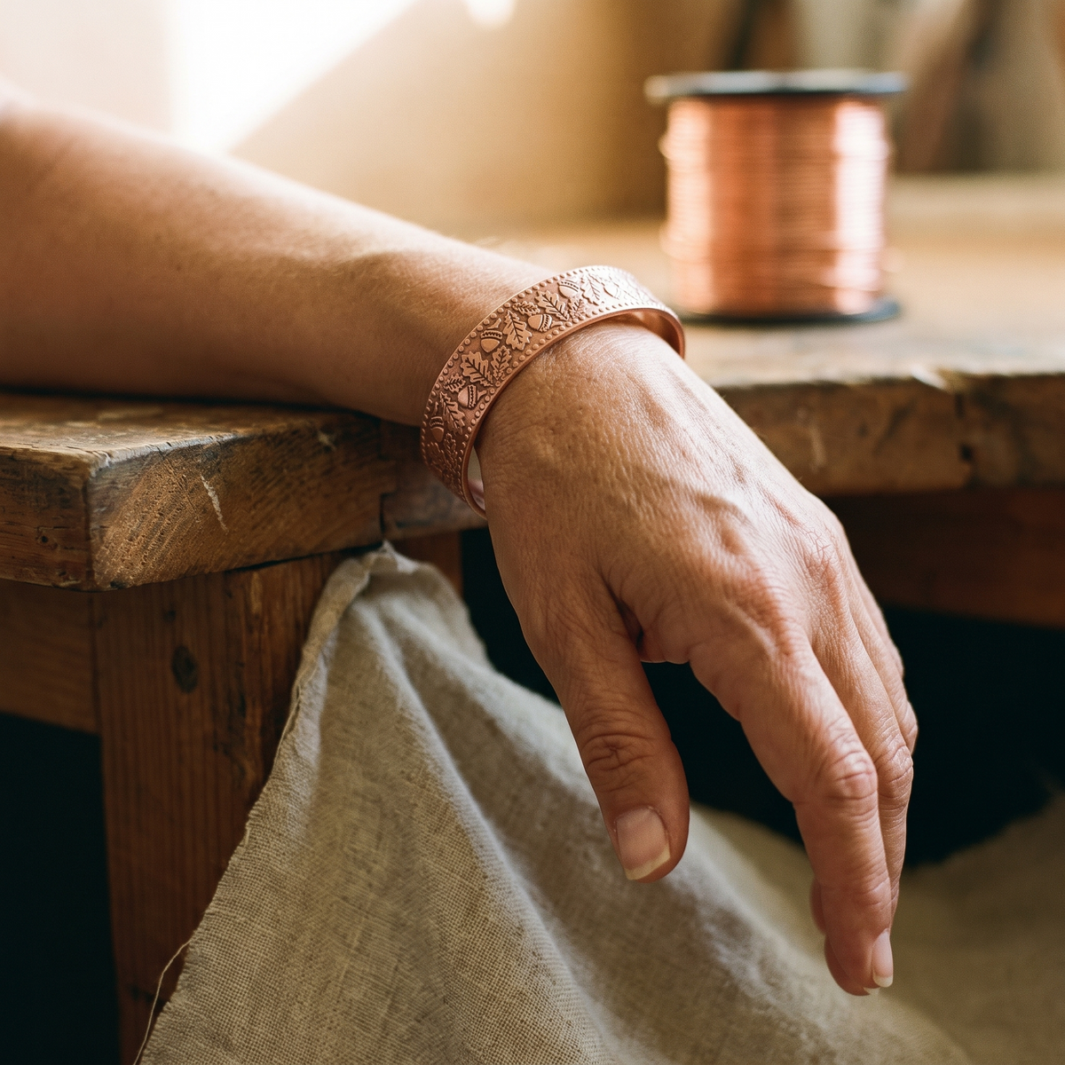Autumn | Leaf & Acorn Embossed Copper Cuff