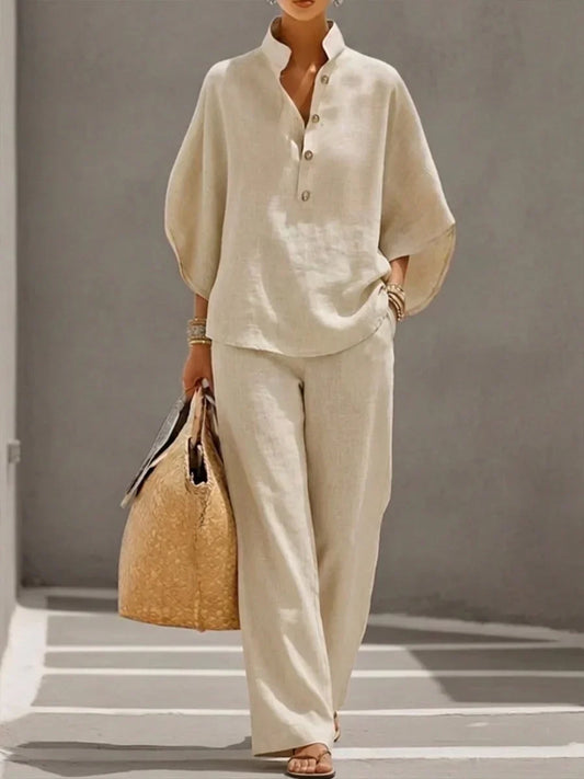 Sophie | Linen Ensemble Featuring Batwing Sleeves and Wide-Leg Trousers