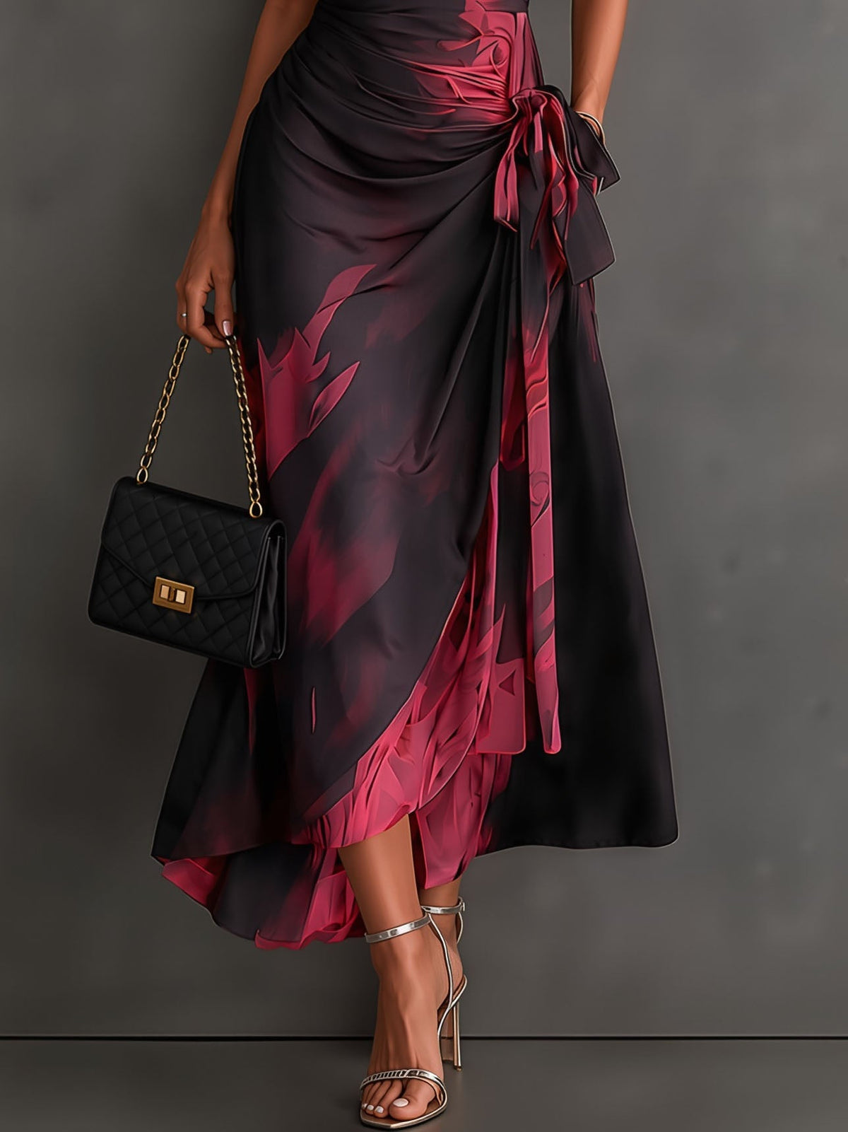 Red and Black Abstract Print Midi Dress with Collared V-Neck, Short Sleeves, Tie Waist, and Ruffled High-Low Hem
