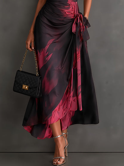 Red and Black Abstract Print Midi Dress with Collared V-Neck, Short Sleeves, Tie Waist, and Ruffled High-Low Hem